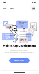 Mobile app development concept with developer coding tools and screens in minimalist thin line style website design