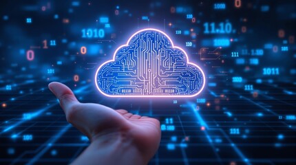 Abstract depiction of cloud computing technology in a digital hand on a futuristic blue background illuminated by data codes.