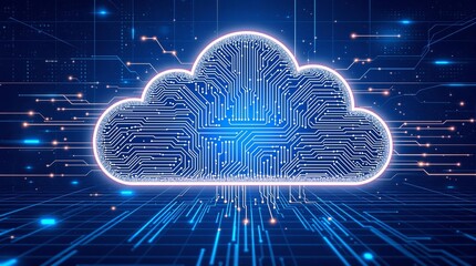 Cloud computing concept with digital circuits on a glowing cloud shape in a futuristic blue background.
