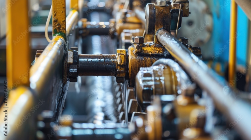 Poster closeup of a specialized lubrication system that is being installed on a conveyor belt system design