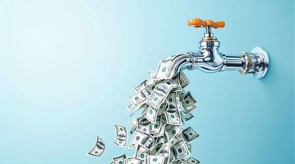 Faucet pouring out cash against light blue background, symbolizing financial flow and abundance.