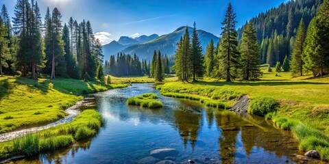 Tranquil landscape featuring a meandering stream in an alpine forest under a clear blue sky, nature, water, peaceful