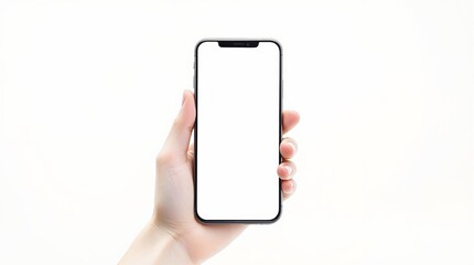 Close-up of hand holding smartphone with blank screen on white background.