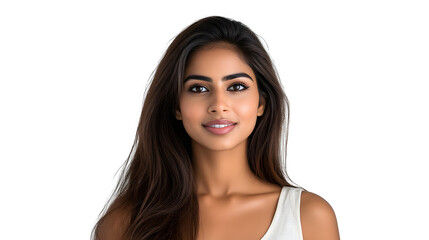 portrait of an attractive indian female in her 30s with long brown hair isolated against a white background