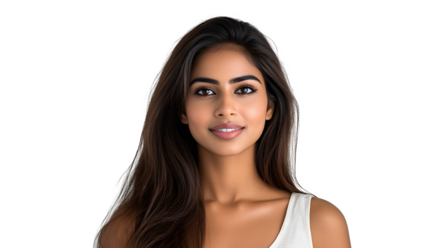 portrait of an attractive indian female in her 30s with long brown hair isolated against a white background