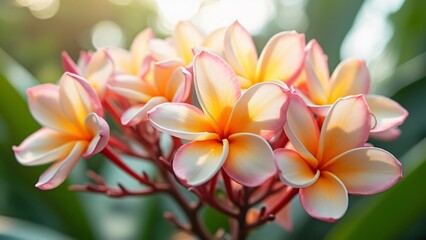 Obraz premium Vibrant Frangipani Flowers, Delicate Pink Petals Unfolding Like Stars Against a Pristine White Background, Lush Tropical Greenery, Soft Morning Light