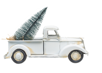 A toy retro white car with a Christmas tree in the trunk.  Isolated on white background.