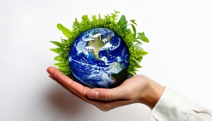 the earth on a white background with the earth decorated with green plants held in the hand 