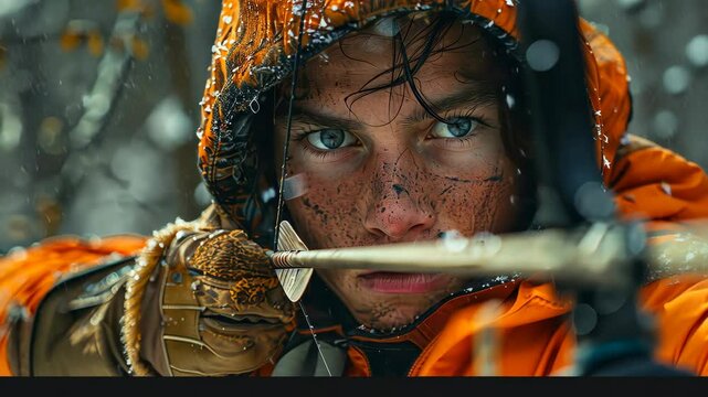 Young archer focuses intently while hunting in a snow-covered forest during winter