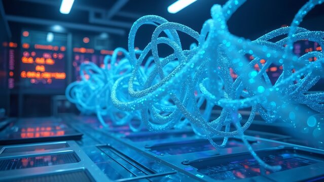 Futuristic Laboratory, Glowing Blue 3D Printed Filaments, Reflective Particles, Cryptic Data Streams, Cutting-Edge Innovation