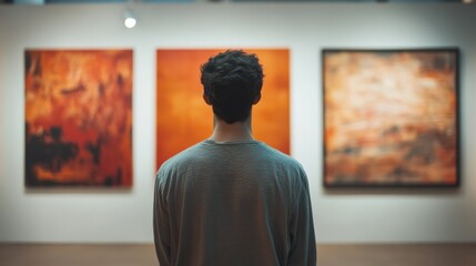 A young man creates muted orange tone art, bringing warmth to galleries and appealing to a wide audience of people