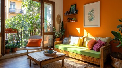 Mediterranean style living room with a balcony, decorated in warm colors, this area has framed posters on the wall, creating a chic and comfortable atmosphere