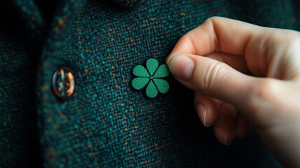 A close-up of a hand pinning a green shamrock badge on a jacket for St. Patrick's Day. Ai generated