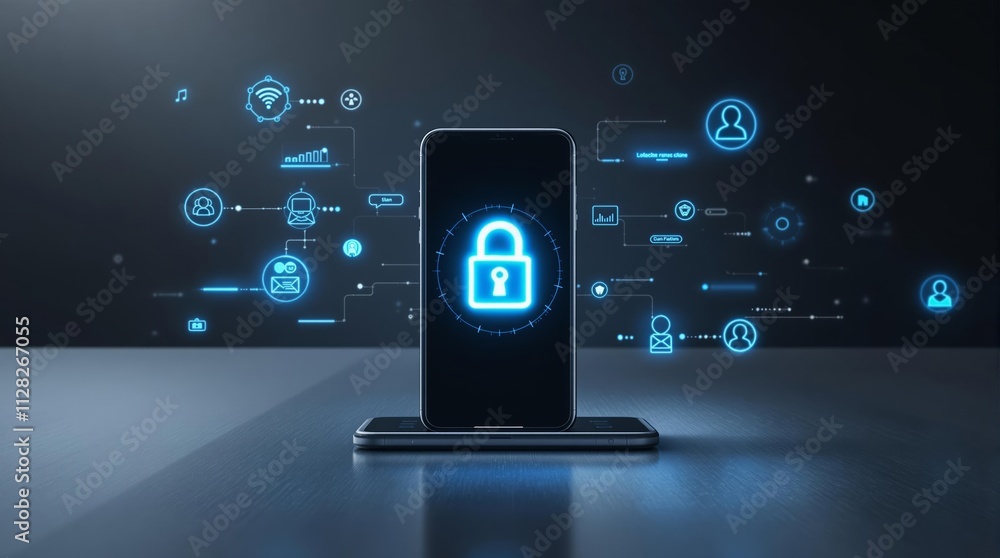 Poster Smartphone with security lock icon surrounded by glowing technology symbols on dark background.