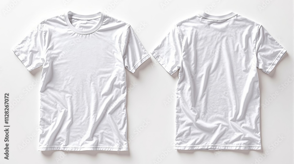 Poster Plain white T-shirts front and back views displayed on a light background.