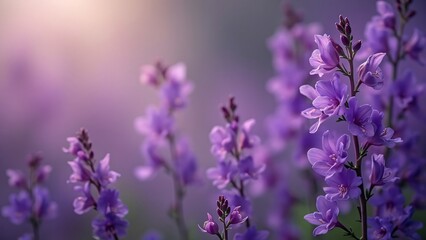 Fototapeta premium Dreamy Lavender and Plum Freesia Flowers, Whimsical Floral Tapestry in Soft Diffused Light