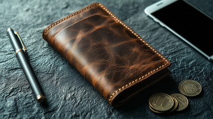 Stylish leather wallet with modern accessories on dark slate