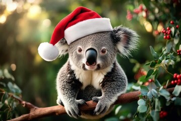 Close-up koala bear sitting branch tree wearing red A father christmas