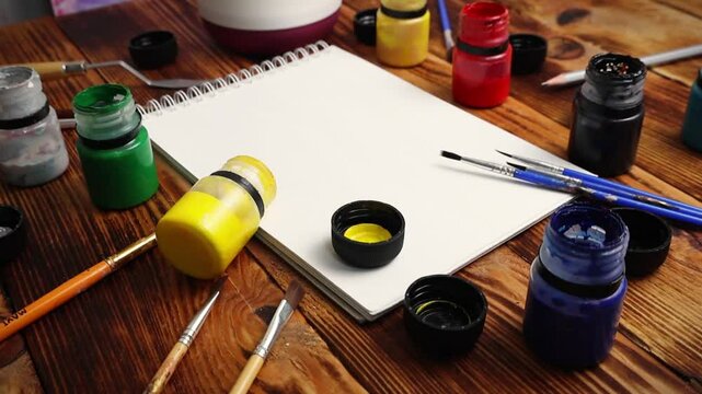 Girl hand puts different bruches on a painting surface Notebook gouache colors