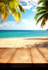 Close-up wooden table top beautiful view tropical beach Empty product display