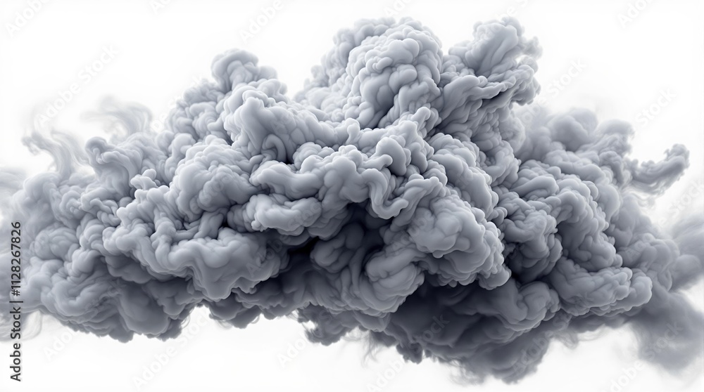 Poster Abstract gray smoke cloud formation with intricate swirls on a white background.