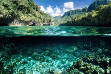 Serene underwater landscape with coral and lush greenery.
