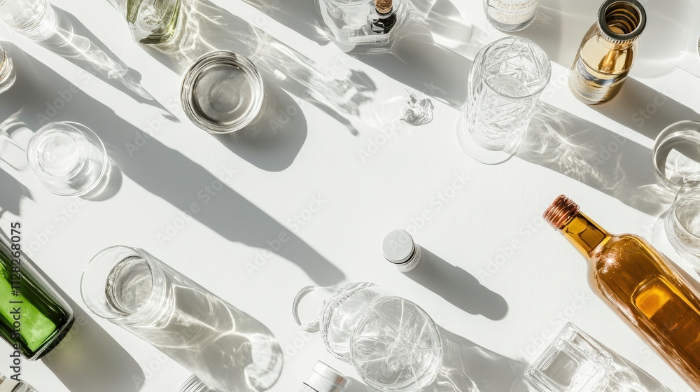 Poster elegant arrangement of various glass and plastic bottles on a white surface with intriguing shadows 