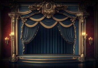 Ornate stage blue curtain gold archway is set Elegant theatre background. Generative
