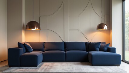 Modern Living Room Interior, Sleek Navy Sectional Sofa, Cream Walls, Geometric Patterns, Gray Rug, Metallic Pendant Lamps