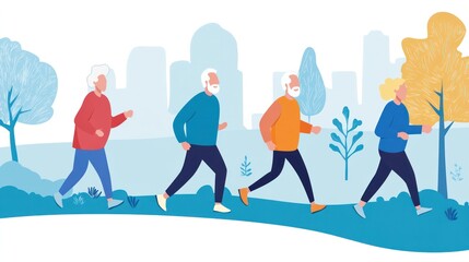 Elderly men and women explore preventive health programs, led by a medical specialist, promoting active lifestyles