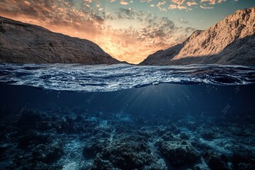Serene underwater landscape with rocky seabed and sunset.