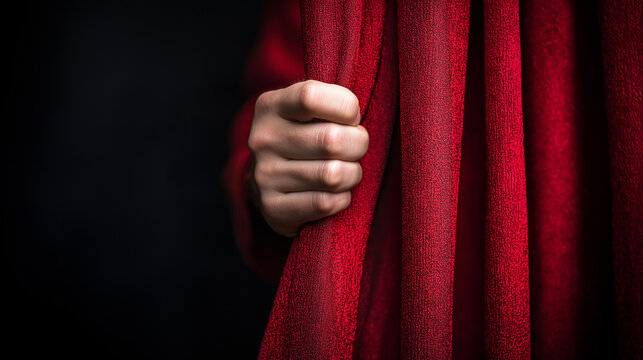 A firm hand tightly gripping a textured red curtain against a dark background, evoking suspense, mystery, and drama in a theatrical setting.