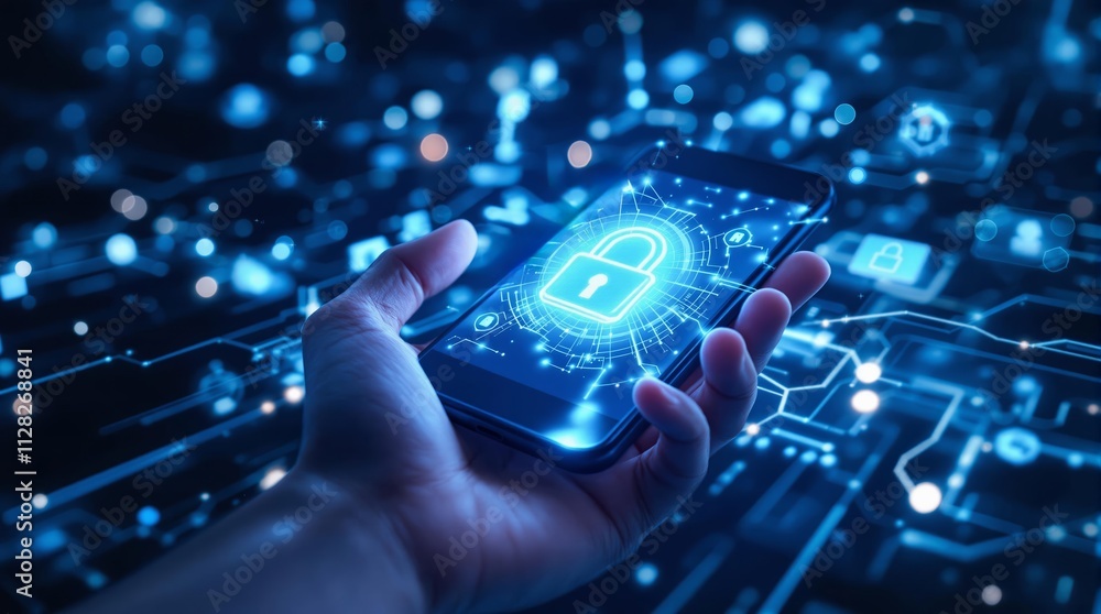 Poster Digital security concept with a glowing lock icon over a smartphone in a person's hand, representing cybersecurity and data protection.