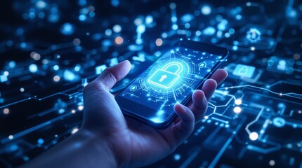 Digital security concept with a glowing lock icon over a smartphone in a person's hand, representing cybersecurity and data protection.