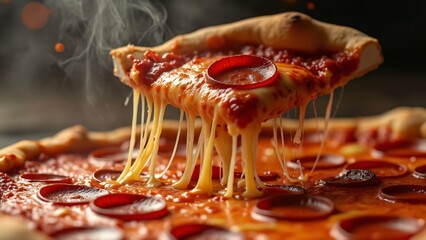 Floating Pepperoni Pizza, Gooey Cheese, Steaming Hot, Defying Gravity - Delicious Food Photography