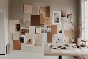 Room large wall covered multiple photographs are Interior design mood board with fabric