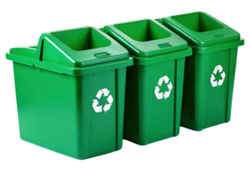 Three green recycling bins for waste disposal isolated with transparent background