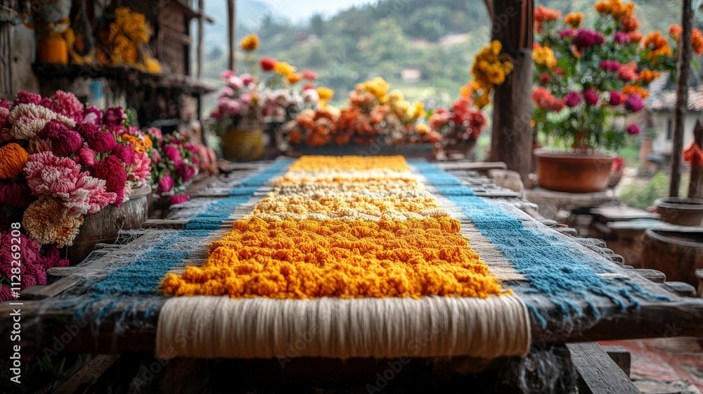 Poster Vibrant Textile Creation Process Displayed on a Rustic Loom Surrounded by Colorful Flowers in a Quaint Workshop Setting
