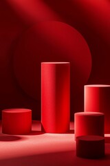 Red background, minimalist style, a medium size red cylinder surrounded by small cylindrical boxes and podiums, with soft lighting and shadow effects. 