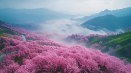 Hazy mountain range with pink flowering valleys