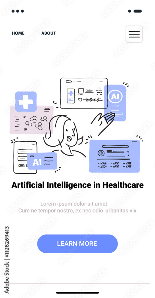 Poster artificial intelligence healthcare concept with medical icons and a person interacting with tech ele