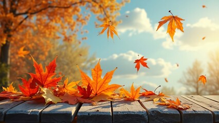Serene Autumn Scene, Vibrant Maple Leaves on Rustic Wooden Bench, Warm Golden Hues, Blue Sky, Cozy Tranquil Fall Atmosphere