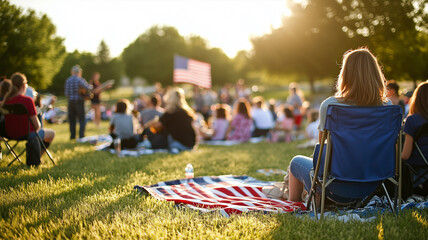 A community band performing patriotic songs at an outdoor Memorial Day event, with an audience of families seated on blankets and folding chairs. Ai generated