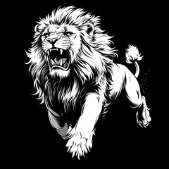 Obraz premium Roaring lion in monochrome, leaping forward.