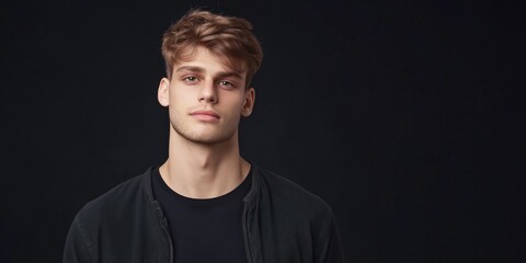 Obraz premium A young man with a stylish look exudes confidence and charm in a portrait that captures youthful exuberance and modern fashion against a dark backdrop.