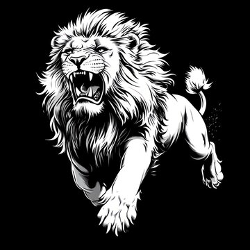 Roaring lion in monochrome, leaping forward.