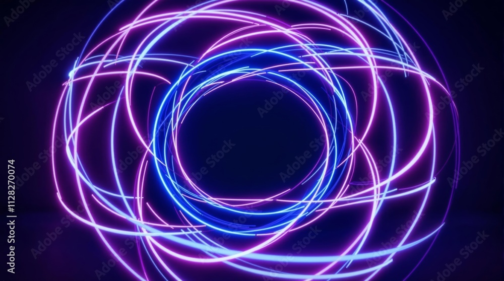Poster abstract neon light trails forming circular patterns in vivid pink and blue tones on a dark backgrou