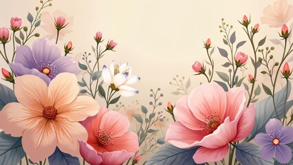 Vintage Whimsical Floral Illustration, Pastel Wedding Blooms, Lush Oversized Flowers, Romantic Springtime Design