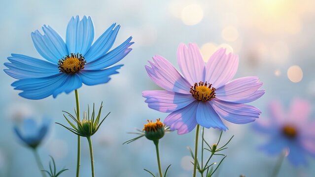 Dazzling Sky Blue and Lavender Cosmos Flowers, Delicate Petals Unfolding Like Stars in Soft Morning Light
