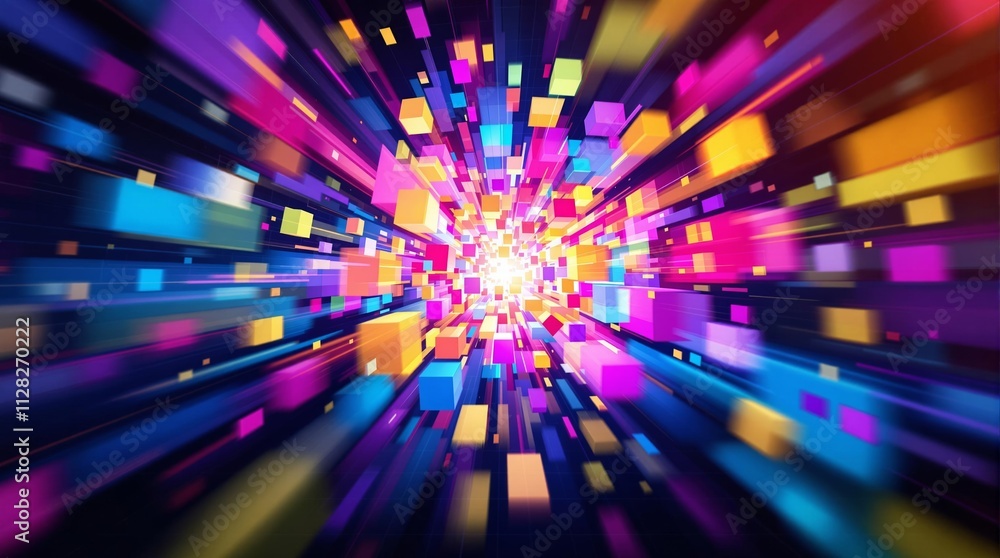 Poster Abstract explosion of colorful digital cubes in motion on a dark background.